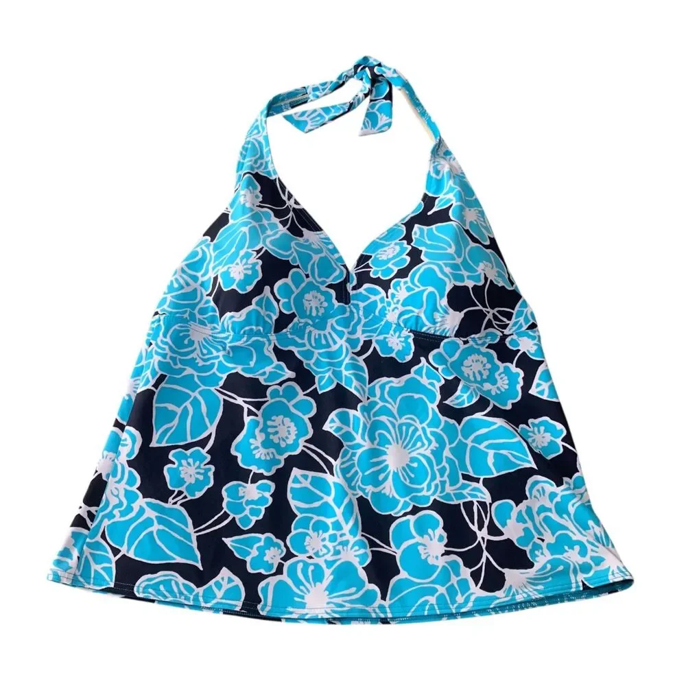 Lands End Womens Blue and Black Floral Halter Style Tankini Top 16 Beach Cruise
